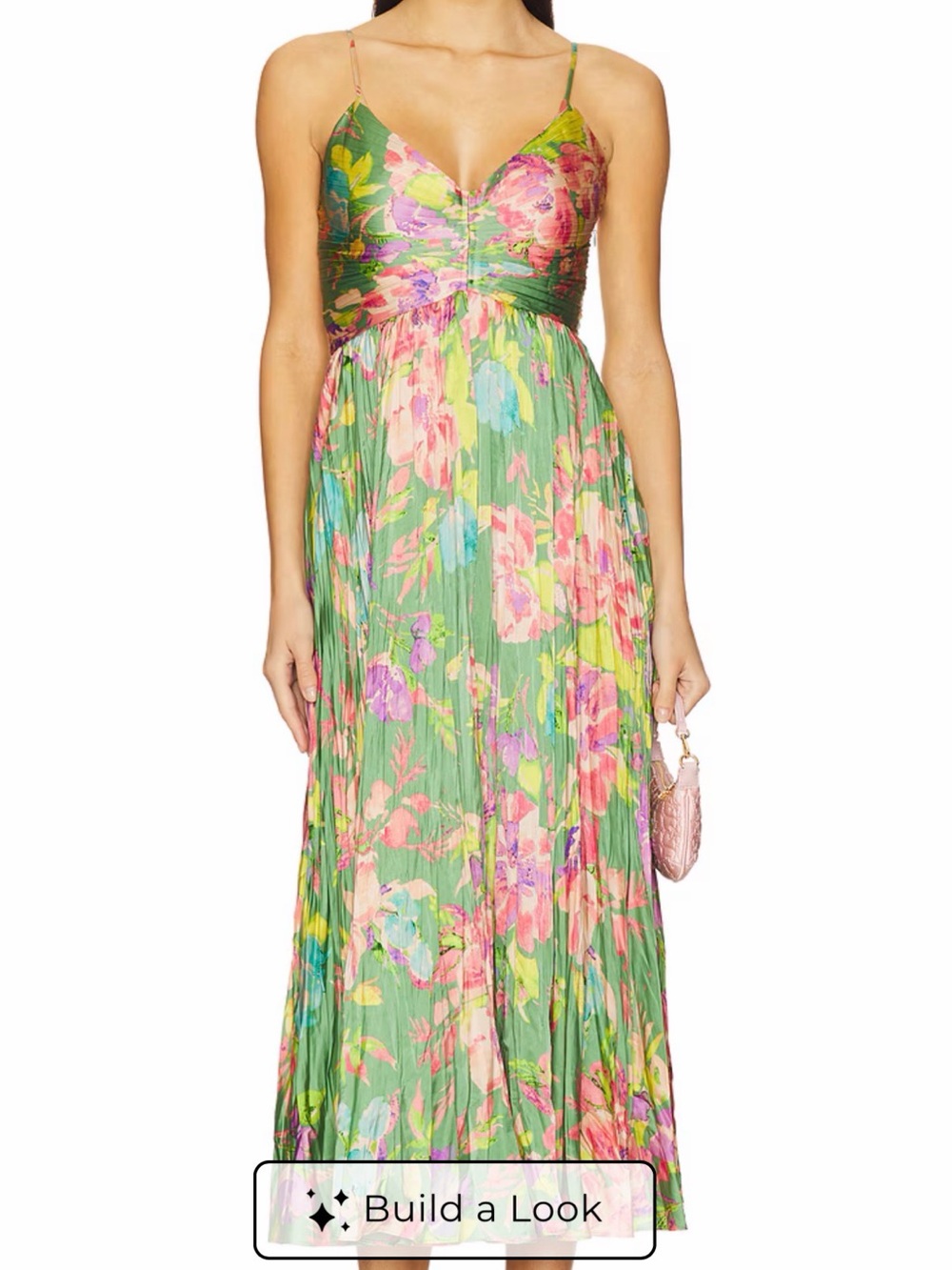 Astr The Label Green Floral Pleated Maxi Dress with Pink & Yellow Accents